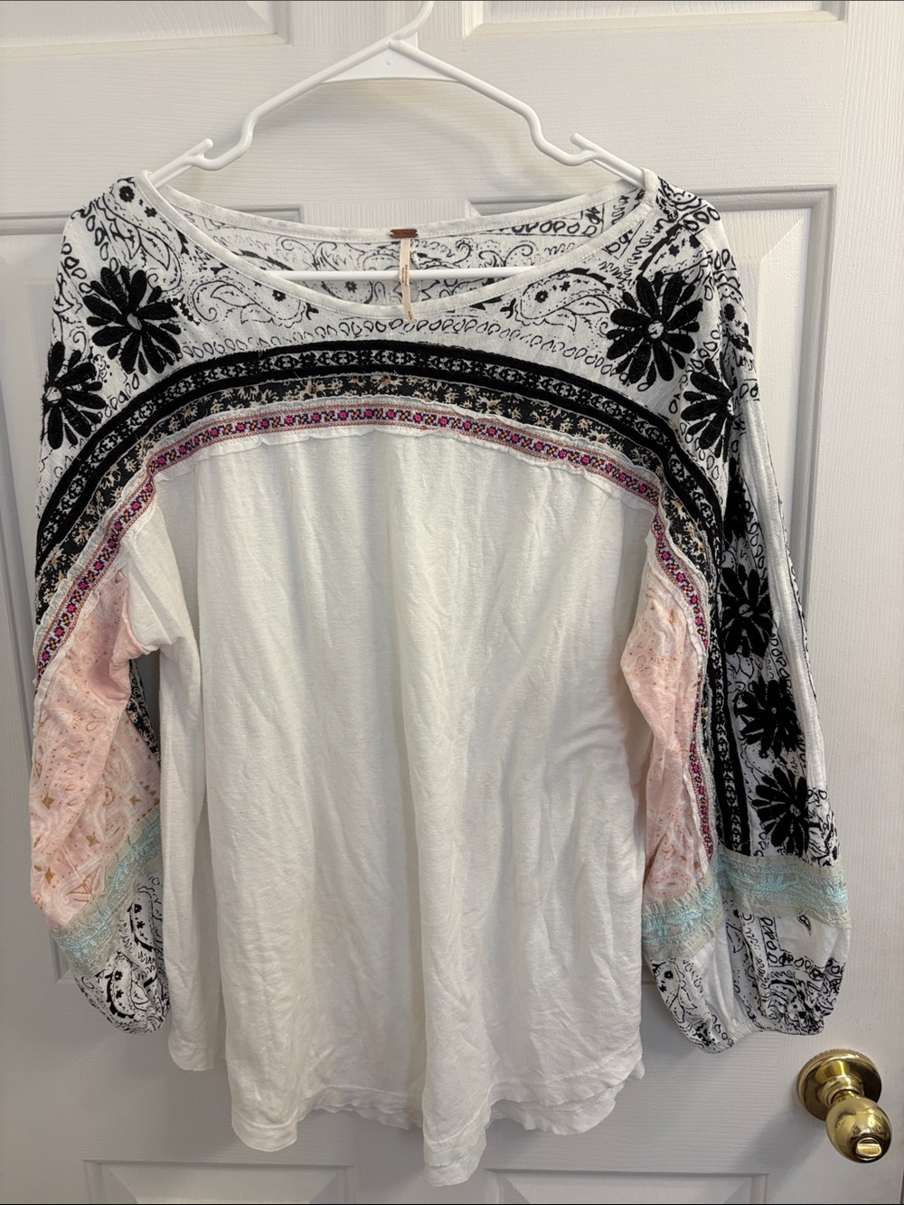 Free People White Boho Pullover with Black Embroidered Yoke and Pastel Accents